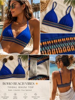 Blue Triangle Bikini Top Womens Large Tribal Boho Festival Swimwear Resort Beach